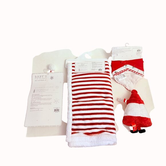 Babys First Christmas Gift Set Embroidered Hat Booties Bibs Blanket Santa Plush - Picture 13 of 13